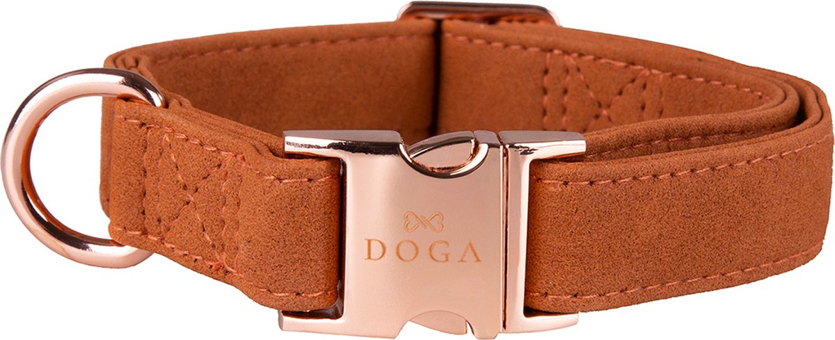 DOGA Hondenhalsband - Halsband - Cognac - Rosé goud - Vegan leer - maat L - bijpassende riem en dispenser mogelijk