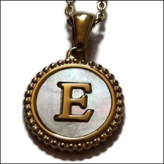 Aramat jewels -ketting-letter e- chirurgisch staal -wit- schelp - goudkleurig-45cm - dames- rond