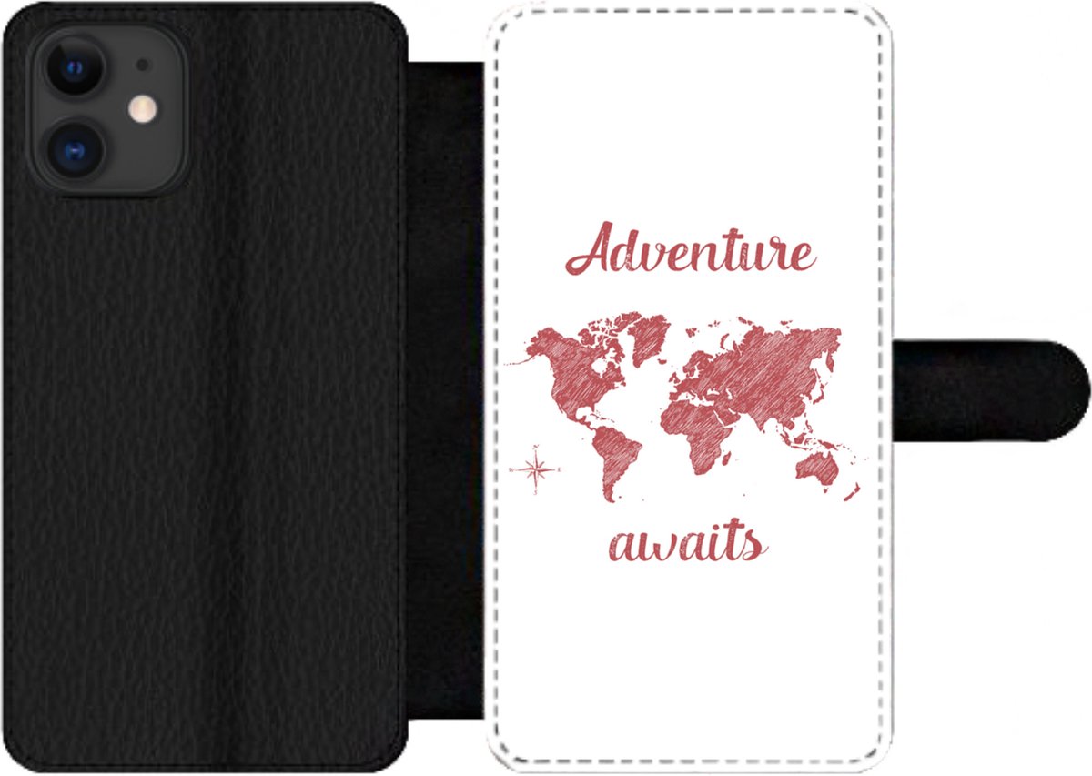 Telefoonhoesje Geschikt voor iPhone 12 Pro telefoonhoesje - Kaart - Spreuken - Roze - Met vakjes - Wallet case met magneetsluiting