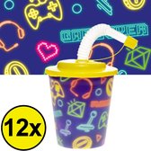 Decopatent® 12 STUKS GAMER 3D Drink Beker met Rietje en Deksel - 250ML - Gamers Plastic Bekers - Kinderfeestje - Kinderverjaardag Bekertjes - Traktatie - Uitdeelcadeaus