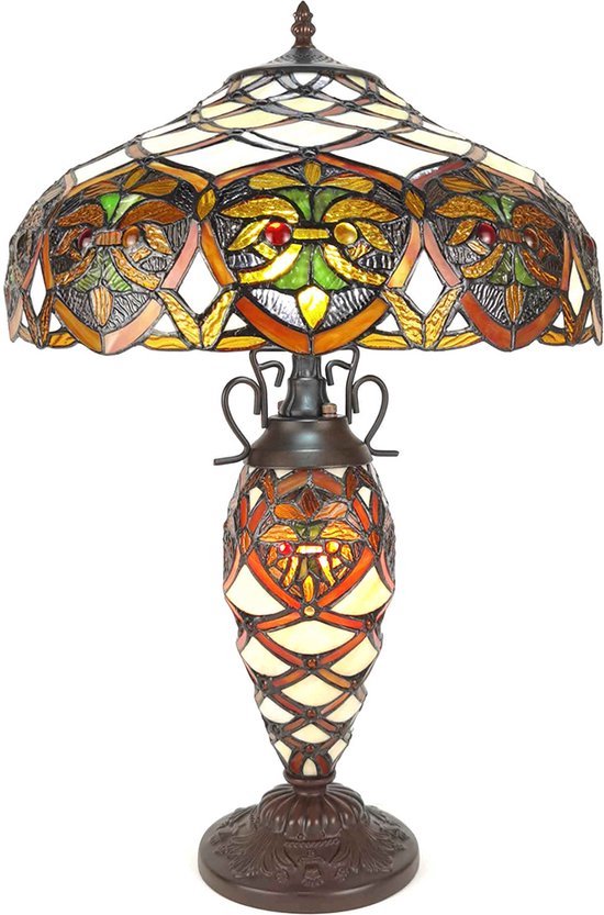 LumiLamp Tiffany Tafellamp Ø 40*61 cm E27/max 2*60W Creme, Bruin Kunststof, Glas Tiffany Bureaulamp Tiffany Lampen