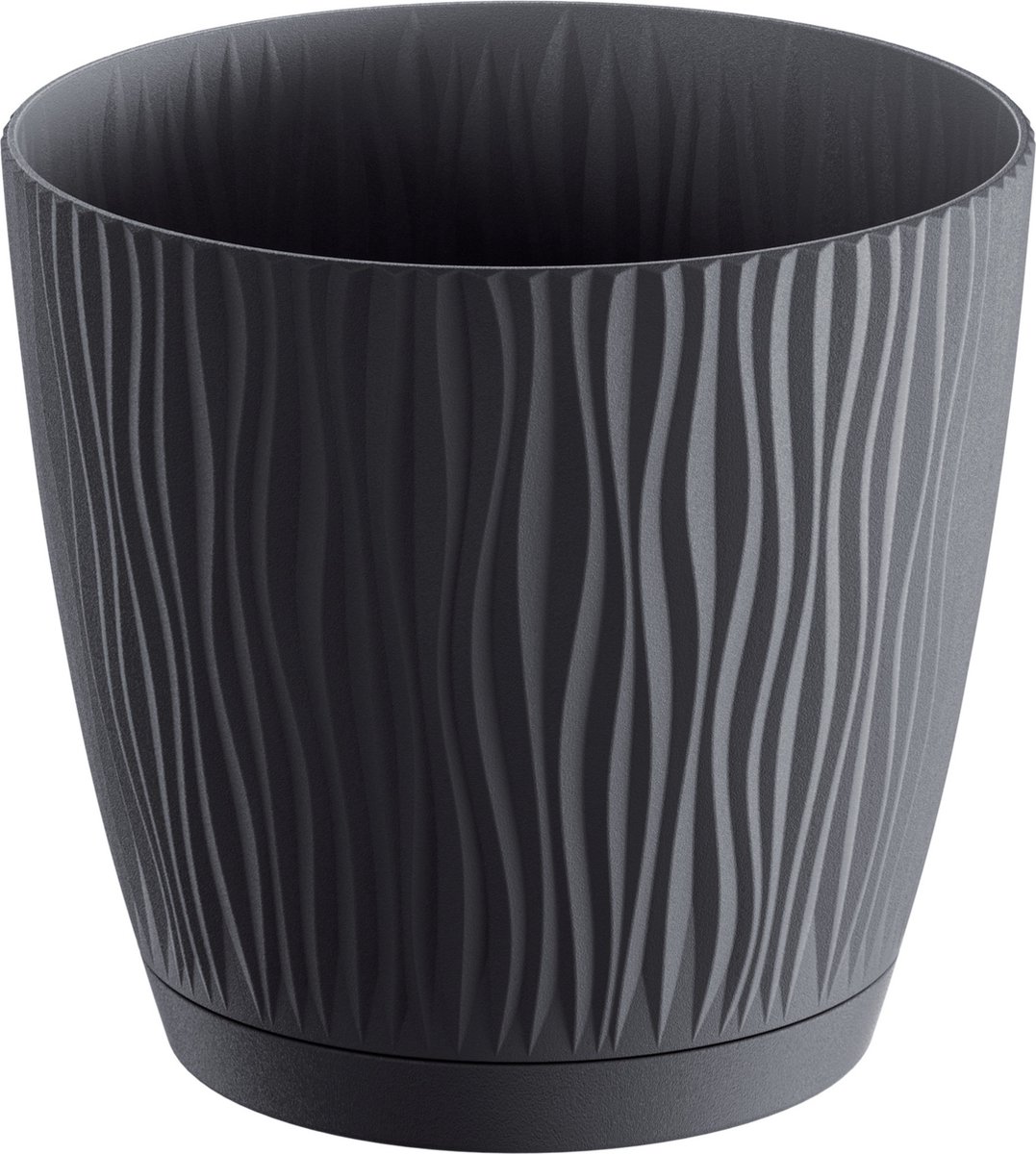 Prosperplast Plantenpot Waves - kunststof - antraciet - D24 x H23 cm - binnen/buiten - bloempot met opvangschaal