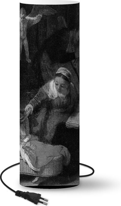 Lamp – Nachtlampje – Tafellamp slaapkamer – Het wiegje van wilgentenen – Schilderij van Rembrandt van Rijn – zwart wit – 70 cm hoog – Ø22 cm -…