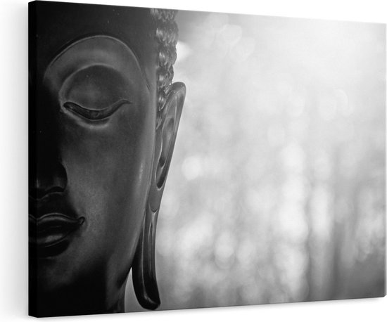 Artaza Canvas Schilderij Boeddha Beeld met Zon - Zwart Wit - 120x80 - Groot - Foto Op Canvas - Wanddecoratie Woonkamer