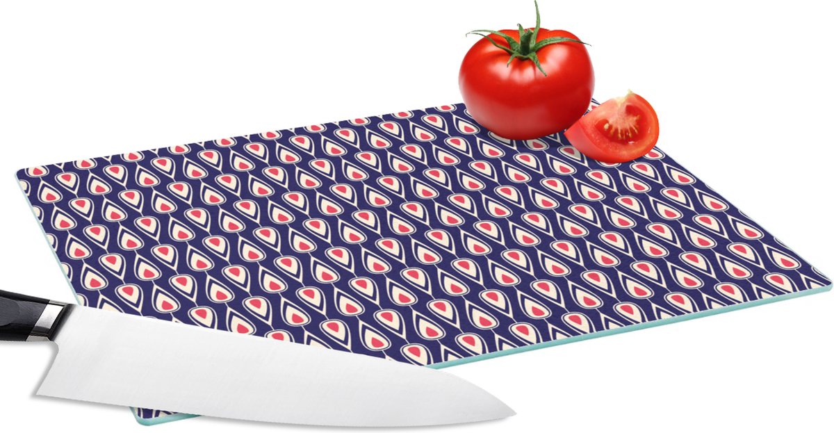 Glazen Snijplank - 28x20 - Patronen - Vintage - Blauw - Rood - Snijplanken Glas