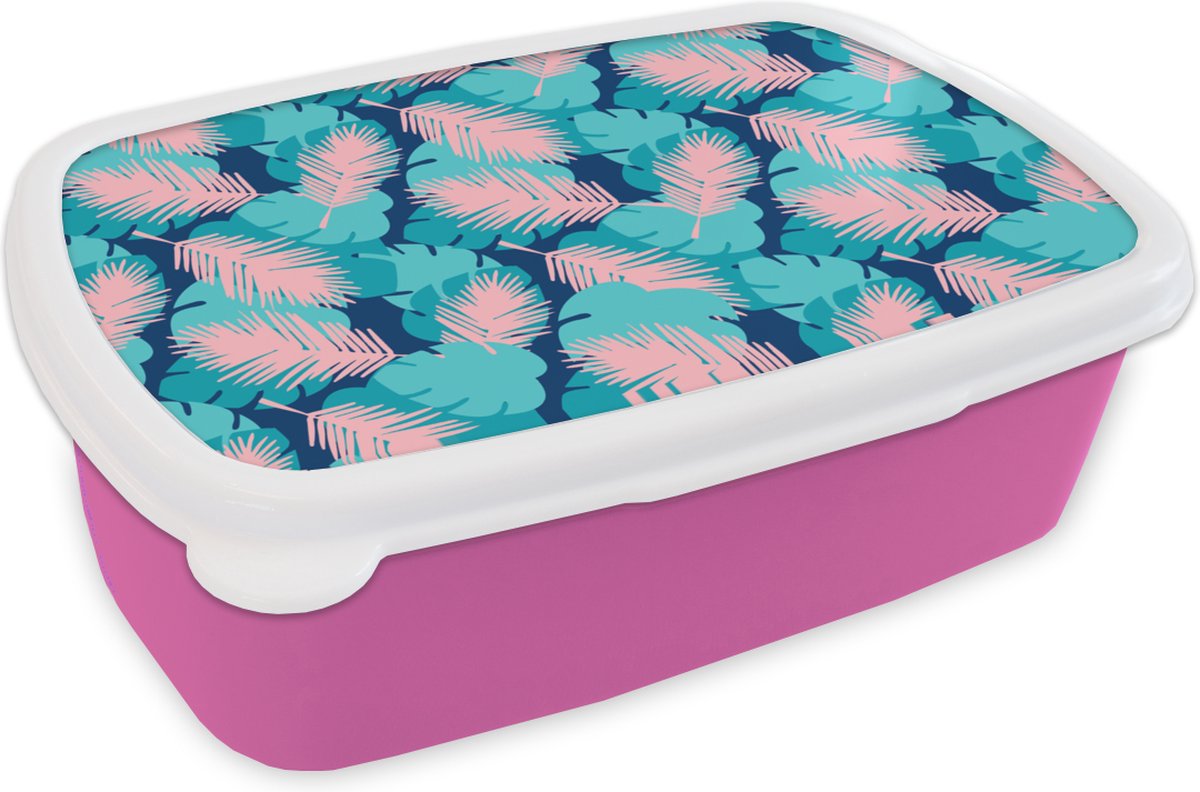 Broodtrommel Roze - Lunchbox - Brooddoos - Patroon - Jungle - Blad - 18x12x6 cm - Kinderen - Meisje