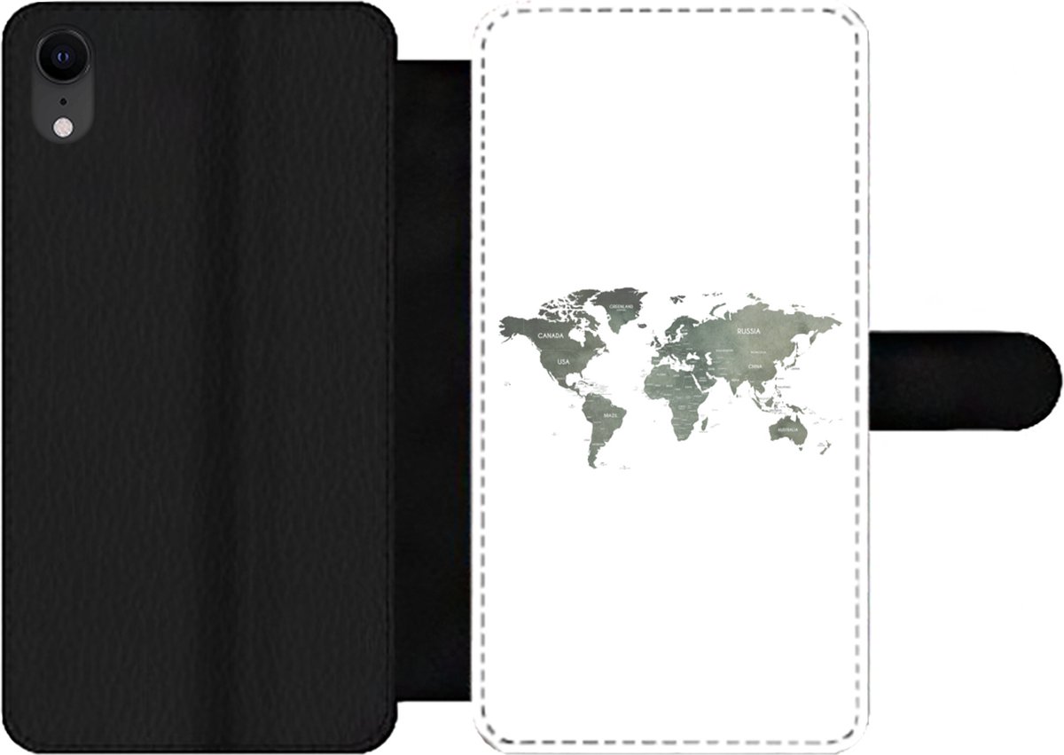 Telefoonhoesje Geschikt voor iPhone XR telefoonhoesje - Wereldkaart - Groen - Wit - Met vakjes - Wallet case met magneetsluiting