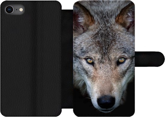 Étui pour iPhone 7 Bookcase - Loup - Portrait - Zwart - Avec poches - Étui portefeuille avec fermeture magnétique