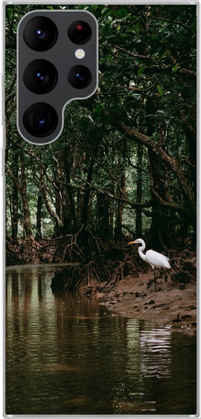 Telefoonhoesje Geschikt voor Samsung Galaxy S22 Ultra hoesje - Reiger - Bos - Meer - Siliconen Telefoonhoesje Telefoonhoesje