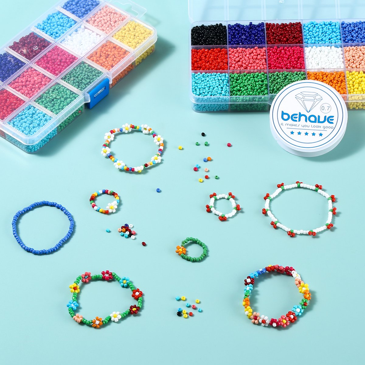 Behave 7500 Glaskralen Set - DIY Sieraden maken - Kralen Set - Rocailles - Bedels - Rijgdraad - 15 Kleuren - 3mm — afbeelding 9
