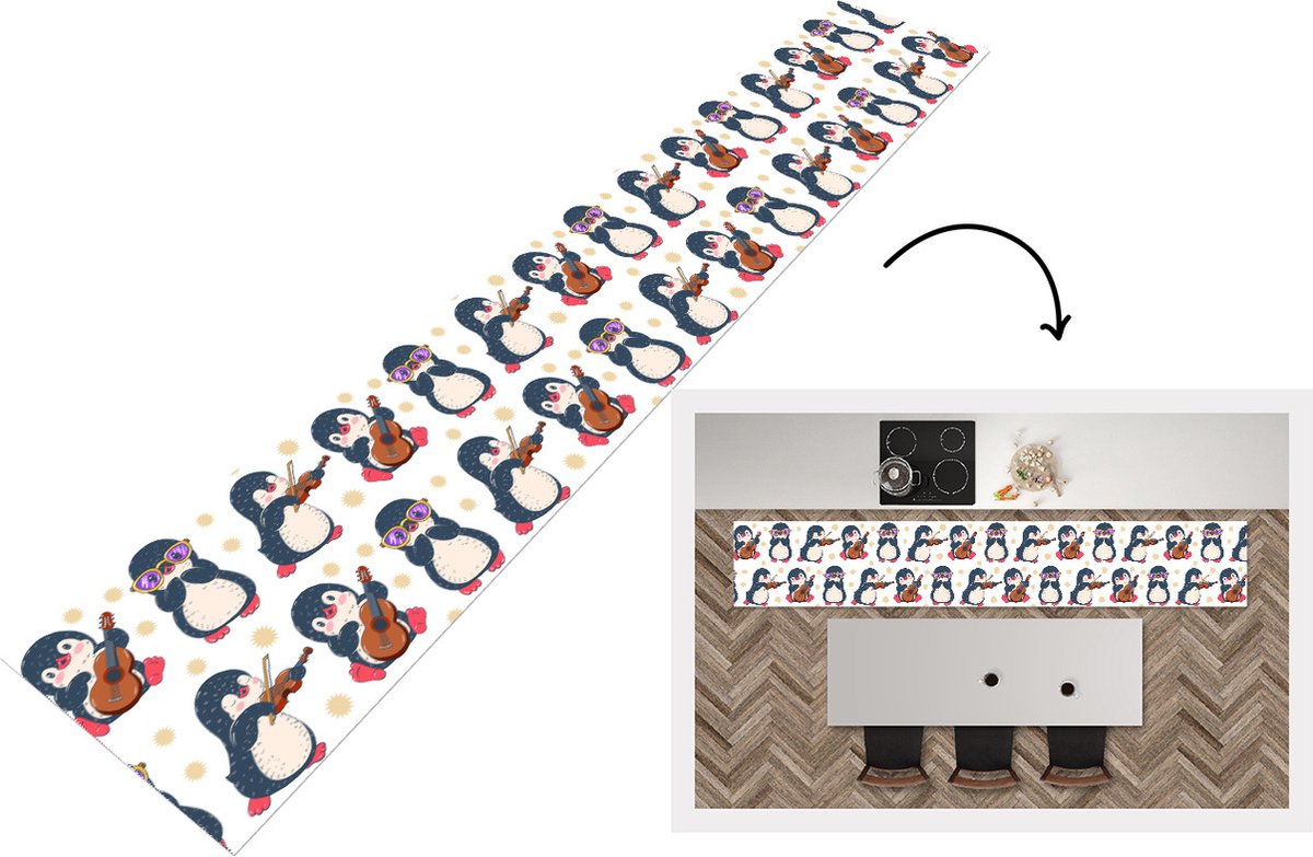 KitchenYeah Keukenloper - Keukenmat - Pinguïn - Muziek - Gitaar - Kinderen - Patroon - Keuken vloerkleed Multicolor