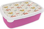 Broodtrommel Roze - Lunchbox - Brooddoos - Hond - Teckel - Patronen - Bloemen - 18x12x6 cm - Kinderen - Meisje