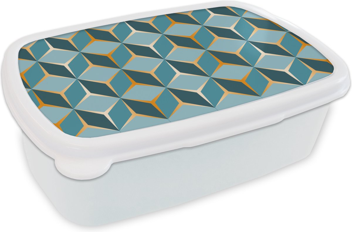 Broodtrommel Wit - Lunchbox - Brooddoos - Goud - Blauw - Patroon - 18x12x6 cm - Volwassenen