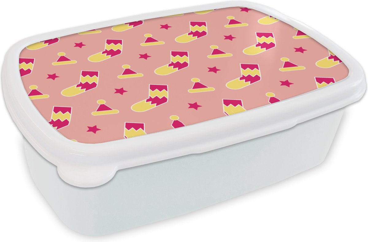 Broodtrommel Wit - Lunchbox - Brooddoos - Sokken - Patronen - Kerst - 18x12x6 cm - Volwassenen
