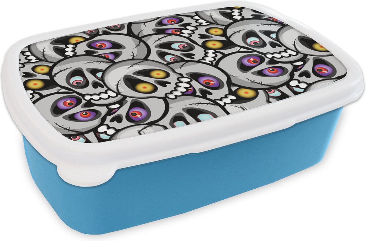 Broodtrommel Blauw - Lunchbox - Brooddoos - Schedel - Patroon - Ogen - 18x12x6 cm - Kinderen - Jongen