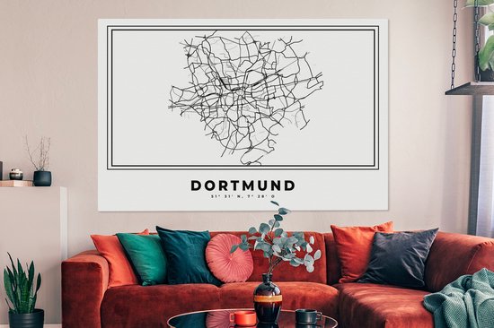 Canvas schilderij 150x100 cm - Wanddecoratie Stadskaart – Plattegrond – Duitsland – Zwart Wit – Dortmund – Kaart - Muurdecoratie woonkamer - Slaapkamer decoratie - Kamer accessoires - Schilderijen