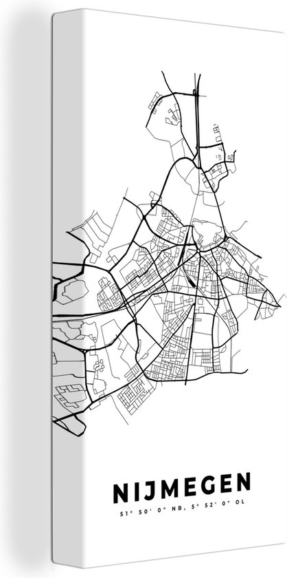 Canvas Schilderij Stadskaart – Zwart Wit - Kaart – Nijmegen – Nederland – Plattegrond - 20x40 cm - Wanddecoratie