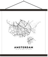 Posterhanger incl. Poster - Schoolplaat - Nederland – Amsterdam – Stadskaart – Kaart – Zwart Wit – Plattegrond - 60x60 cm - Zwarte latten