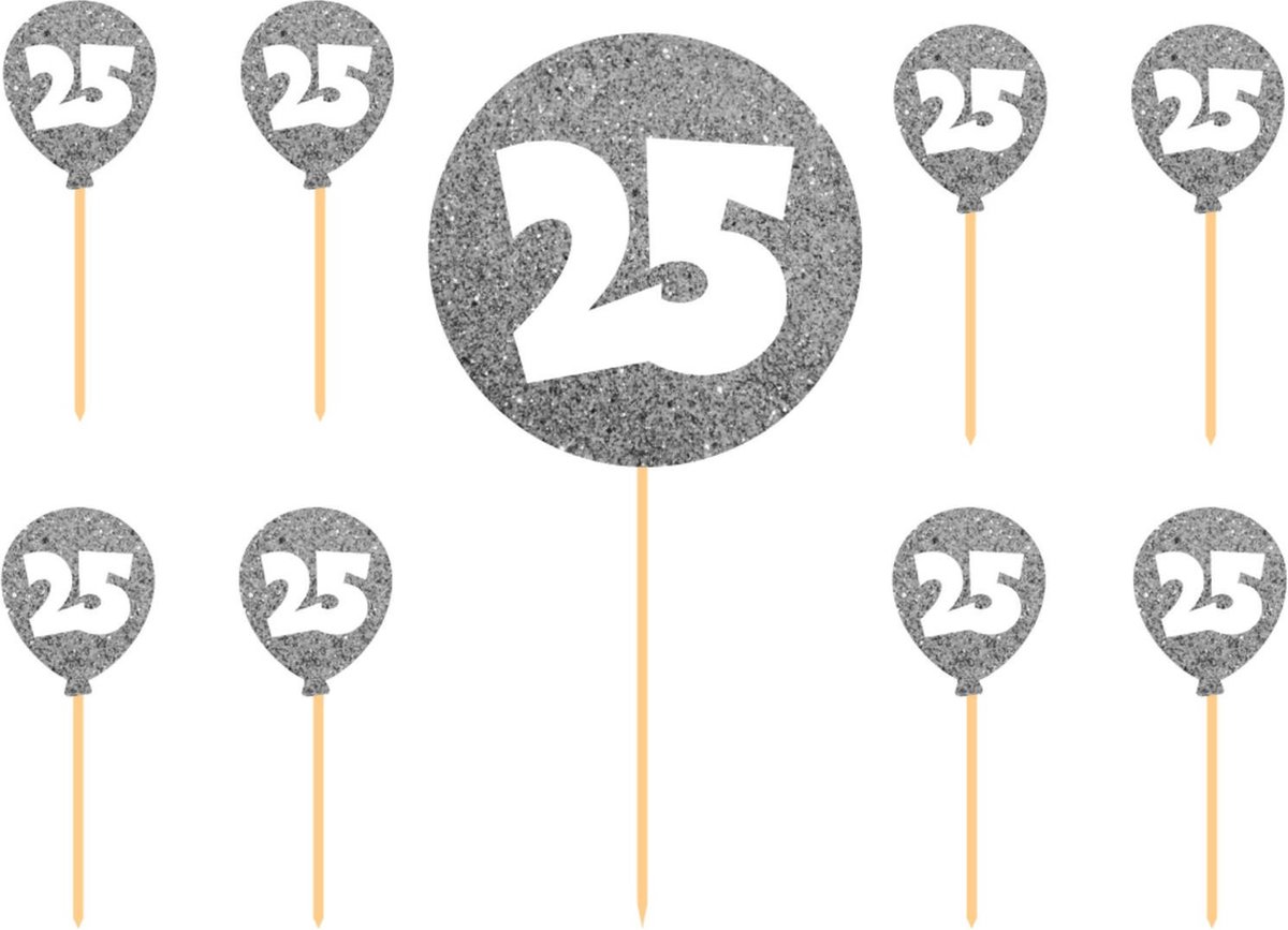 Folat Taart toppers - 25x stuks - zilver - 25 jaar - thema versiering