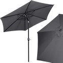 Antracietkleurige parasol, deels geopend, met zwarte spaken en een zwart paal.