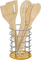 Keukengerei houten spatel set 6-delig in RVS houder yellow - keuken pollepels/spatels
