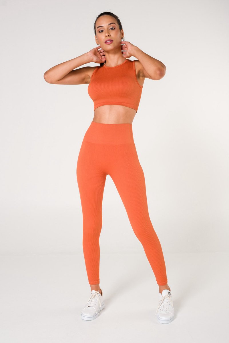 Dames Sportlegging Set-Geribbeld-Terracotta-M/L- Fitness-Dagelijks gebruik-High waist-Comfortabel-Yoga-Gym-1550