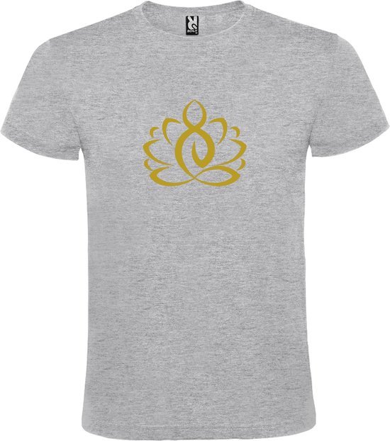 Grijs  T shirt met  print van "Lotusbloem met Boeddha " print Goud size L