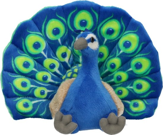 Wild Republic Pluche knuffel Pauw - Realistisch dier van 30 cm - Groen/Blauw