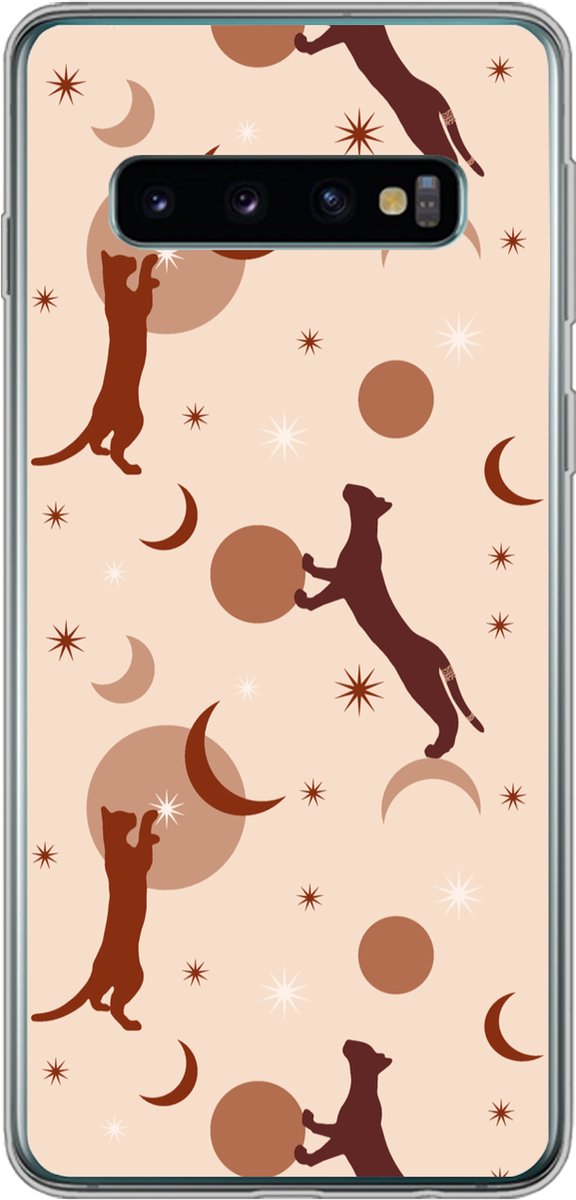 Telefoonhoesje Geschikt voor Samsung Galaxy S10 hoesje - Patronen - Kat - Maan - Pastel - Meisjes - Kinderen - Kids - Siliconen Telefoonhoesje Telefoonhoesje