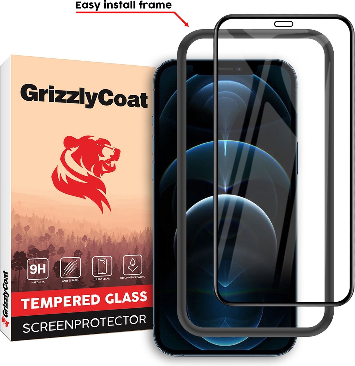 GrizzlyCoat Easy Fit Screenprotector geschikt voor Apple iPhone 12 Pro Max Glazen Screenprotector - Case Friendly + Installatie Frame - Zwart