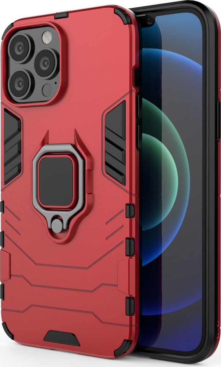 Mobigear Hoesje geschikt voor Apple iPhone 13 Pro Max Telefoonhoesje Hardcase | Mobigear Armor Ring Backcover Shockproof met Ringhouder | Schokbestendig iPhone 13 Pro Max Telefoonhoesje | Anti Shock Proof - Rood