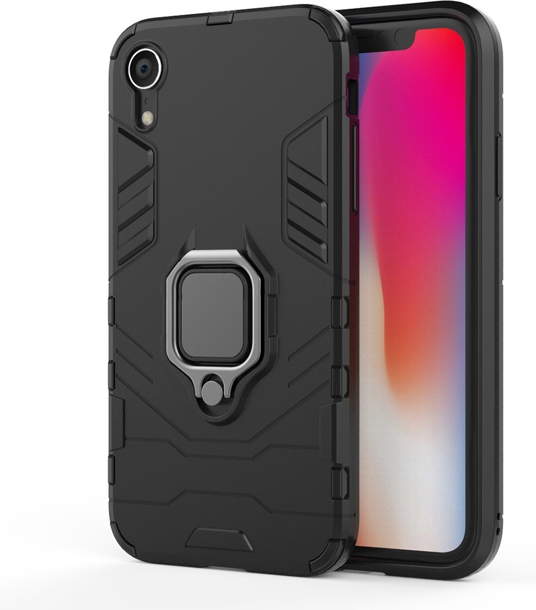 Mobigear Hoesje geschikt voor Apple iPhone XR Telefoonhoesje Hardcase | Mobigear Armor Ring Backcover Shockproof met Ringhouder | Schokbestendig iPhone XR Telefoonhoesje | Anti Shock Proof - Zwart