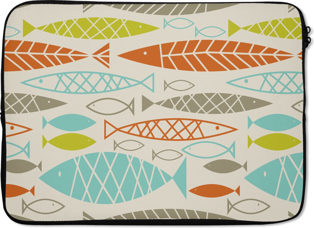 Laptophoes 13 inch - Vis - Jaren 50 - Patroon - Laptop sleeve - Binnenmaat 32x22,5 cm - Zwarte achterkant