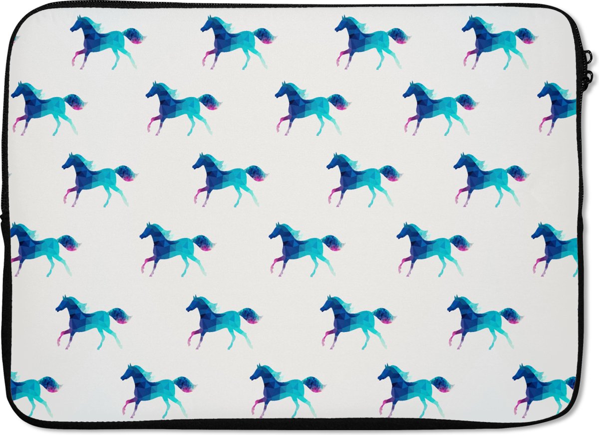 Laptophoes 14 inch - Meisjes - Paarden - Kristallen - Patronen - Girl - Blauw - Kinderen - Kind - Laptop sleeve - Binnenmaat 33x23 cm - Zwarte achterkant