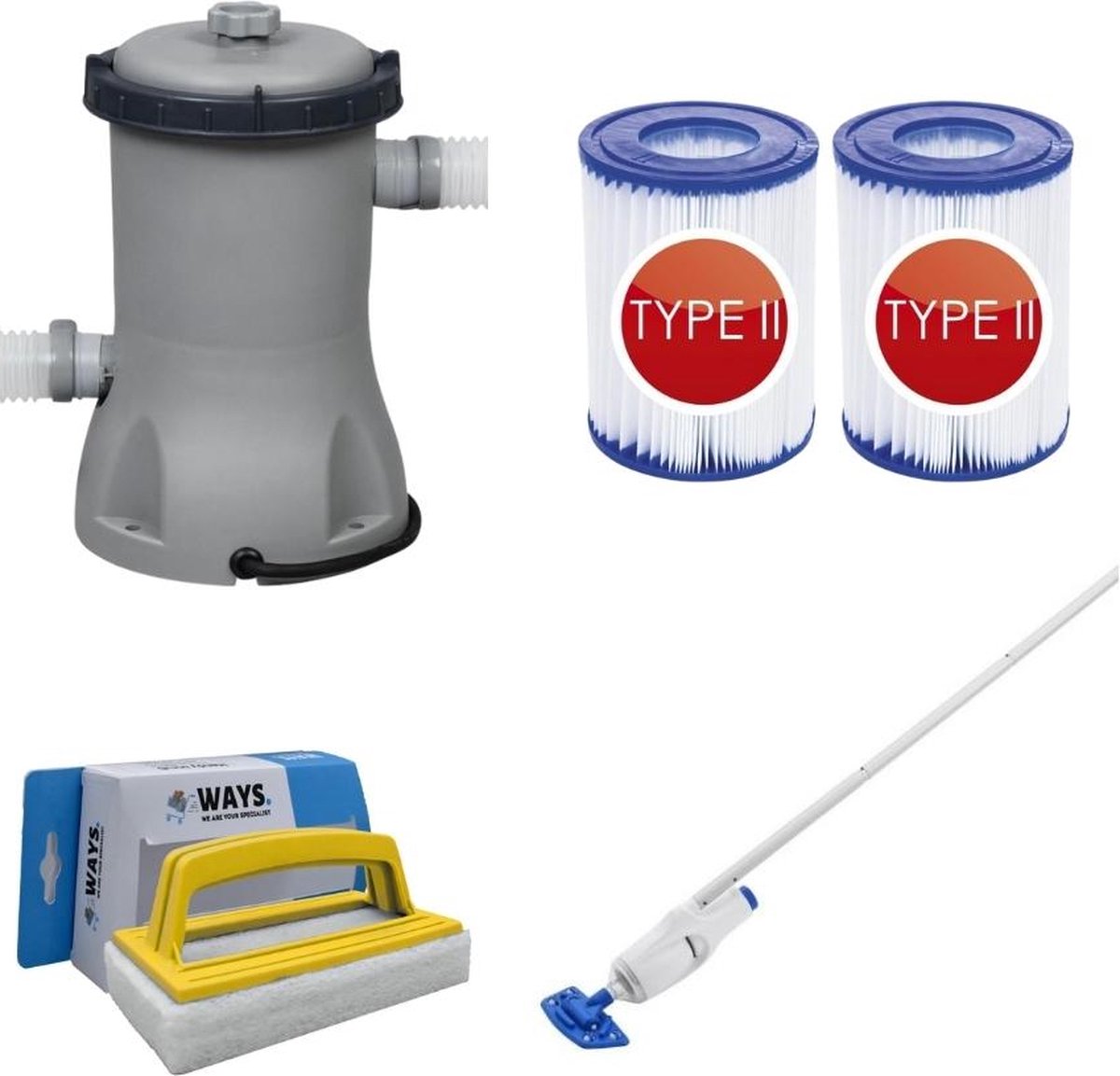 Bestway - Zwembadstofzuiger AquaReach & Filterpomp 2006 L/u & 2 Filters Type II & WAYS Scrubborstel
