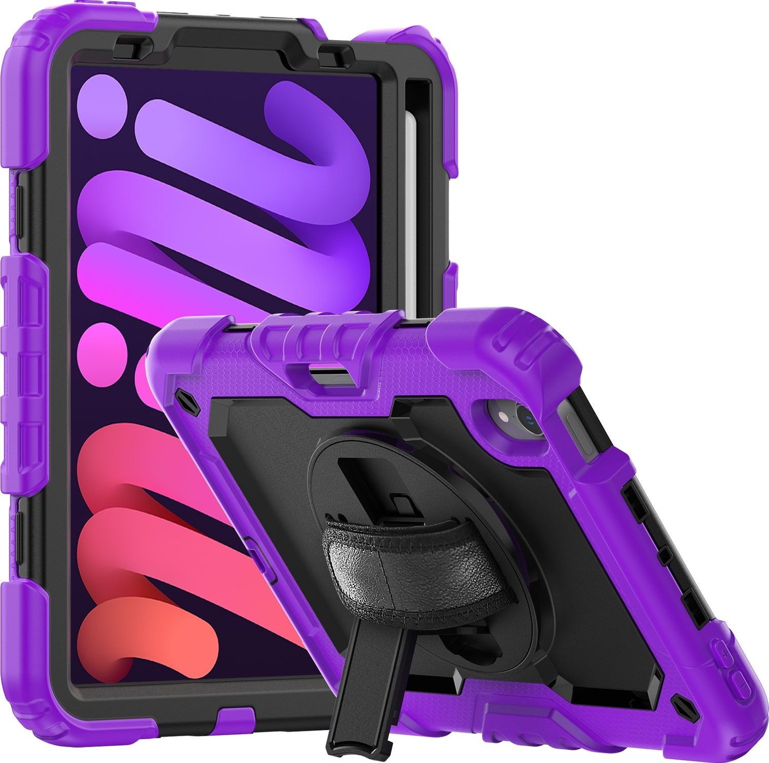 Mobigear SureGrip Xtreme - Tablethoes geschikt voor Apple iPad Mini 6 (2021) Hardcase Backcover + Stylus Houder + Schouderband + Standaard - Paars
