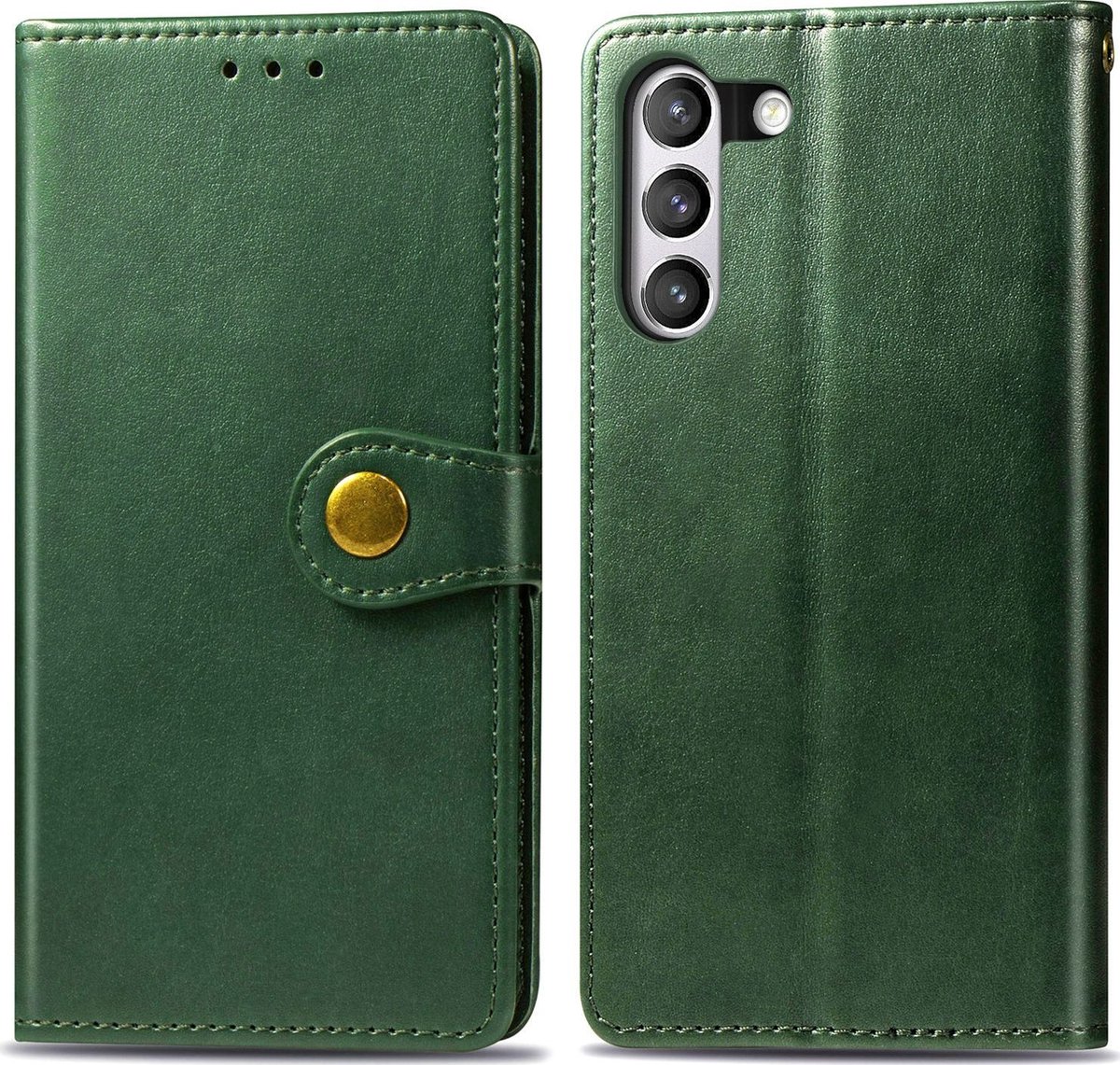 Mobigear Telefoonhoesje geschikt voor Samsung Galaxy S21 FE Hoesje | Mobigear Snap Button Bookcase Portemonnee | Pasjeshouder voor 3 Pasjes | Telefoonhoesje voor Pinpas / OV Kaart / Rijbewijs - Groen