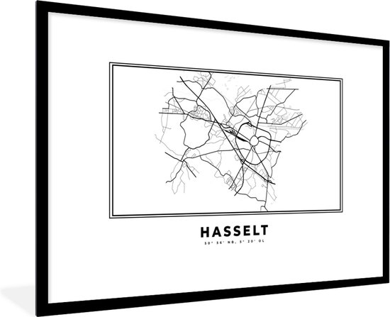 Cadre photo avec affiche Zwart Wit- België - Hasselt - Plan de la ville - Carte - Zwart Wit - Carte - 90x60 cm - Cadre pour affiche