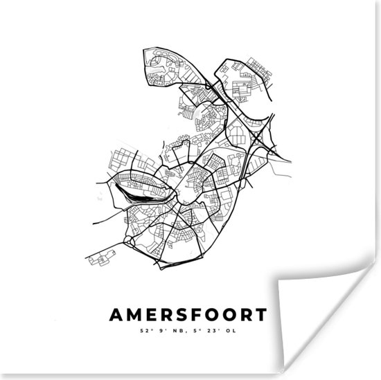 Poster Plattegrond – Amersfoort – Zwart Wit – Stadskaart - Kaart - Nederland - 100x100 cm XXL