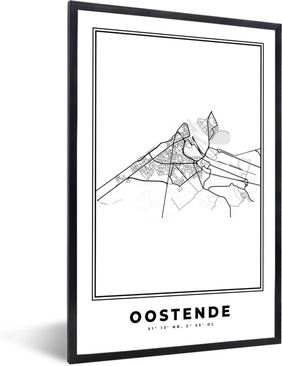 Fotolijst incl. Poster Zwart Wit- België – Oostende – Stadskaart – Kaart – Zwart Wit – Plattegrond - 60x90 cm - Posterlijst