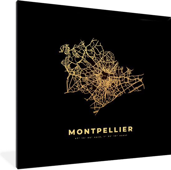 Fotolijst incl. Poster - Montpellier – Frankrijk – Goud - Stadskaart – Kaart - Plattegrond - 40x40 cm - Posterlijst