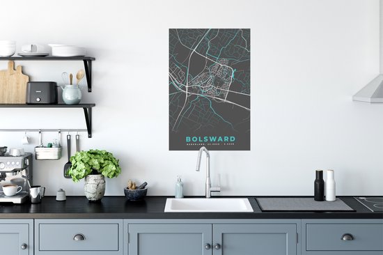 Poster 60x90 cm - Bolsward - Blauw - Kaart - Stadskaart - Plattegrond - Posters - Kamer decoratie - Wanddecoratie woonkamer - Muurdecoratie slaapkamer