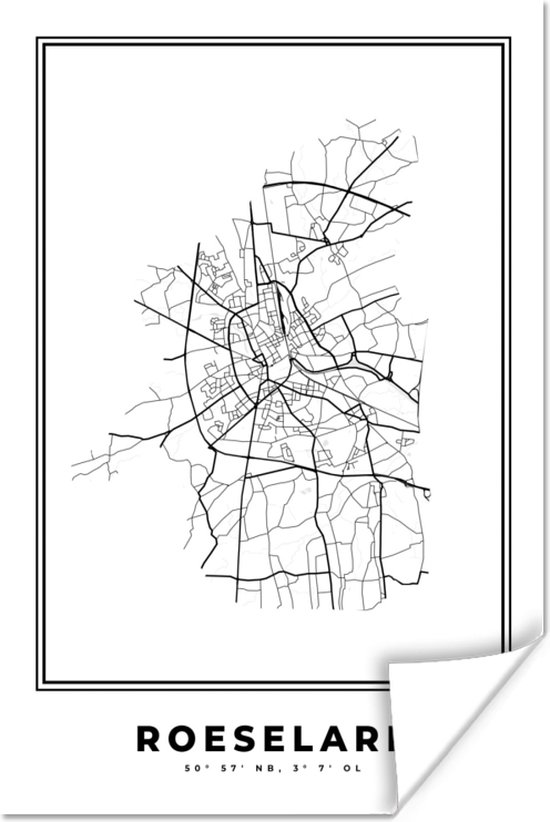 Poster Carte – Roeselare - België – Zwart Wit – City Map - Map - 20x30 cm