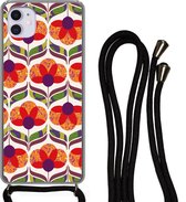 Hoesje met koord Geschikt voor iPhone 12 Mini - Retro - Flower Power - Vintage - Kleuren - Siliconen - Crossbody - Backcover met Koord - Telefoonhoesje met koord - Hoesje met touw