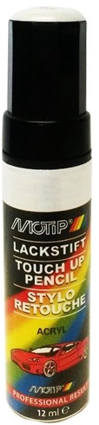 Witte lakstift van Motip, 12 ml, met rode sportwagenillustratie.