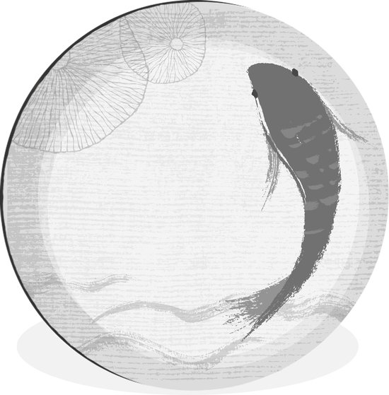 WallCircle - Wandcirkel - Muurcirkel - Handgetekende koi in transparantie - zwart wit - Aluminium - Dibond - ⌀ 60 cm - Binnen en Buiten