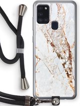 Case Company® - Samsung Galaxy A21s hoesje met Koord - Goud marmer - Telefoonhoesje met Zwart Koord - Bescherming aan alle Kanten en Over de Schermrand
