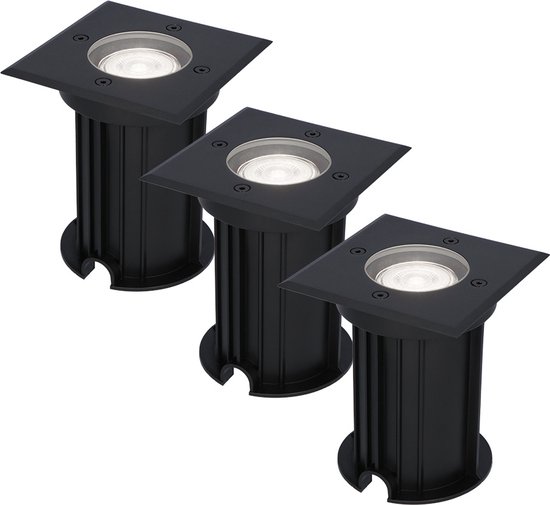 HOFTRONIC - Set van 3 Ramsay LED Grondspot Zwart - 6000K Daglicht wit - Vierkant Aluminium - 5 Watt 400 Lumen - Tuinspots, Padverlichting en Opritverlichting