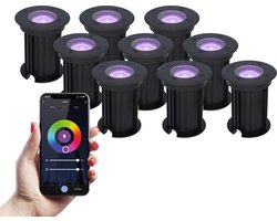 HOFTRONIC™ 9x Maisy dimbare LED grondspot - Rond - Zwart - RGBWW - 5.5 Watt - WiFi & Bluetooth - IP67 straal waterdicht - 3 jaar garantie