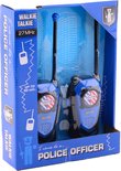 Blauwe politie walkie talkies met "POLITIE" logo, in blauwe verpakking.